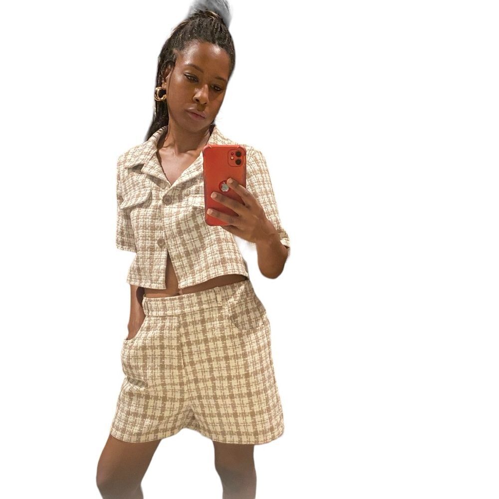 Tweed cream tan 2 piece short sleeve short set.